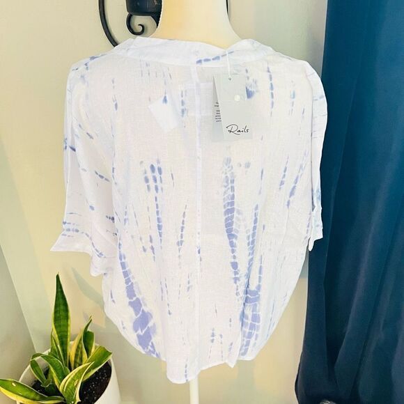 RAILS Thea Tie Waist Linen Blouse Top, Tie-dyed, Blue/White, Medium, NWT - Picture 15 of 16